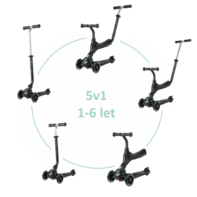 QPLAY Kolobežka Sema Pro Black, 5 v 1, s LED kolieskami, vek 1-6 rokov
