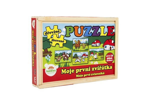 Puzzle drevené Moje prvé zvieratká 4x12 dielikov 20x14x3, 5cm v drevenej krabičke