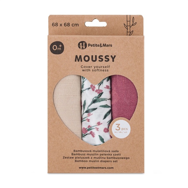 PETITE &amp; MARS Set Windeln Bambus Musselin 3er-Pack Moussy Pink Meadow 68 x 68 cm