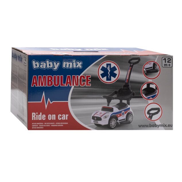 Detské odrážadlo so zvukom a vodiacou tyčou Baby Mix AMBULANCE biele