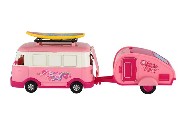 Caravan con rimorchio e bambola retrò con accessori
