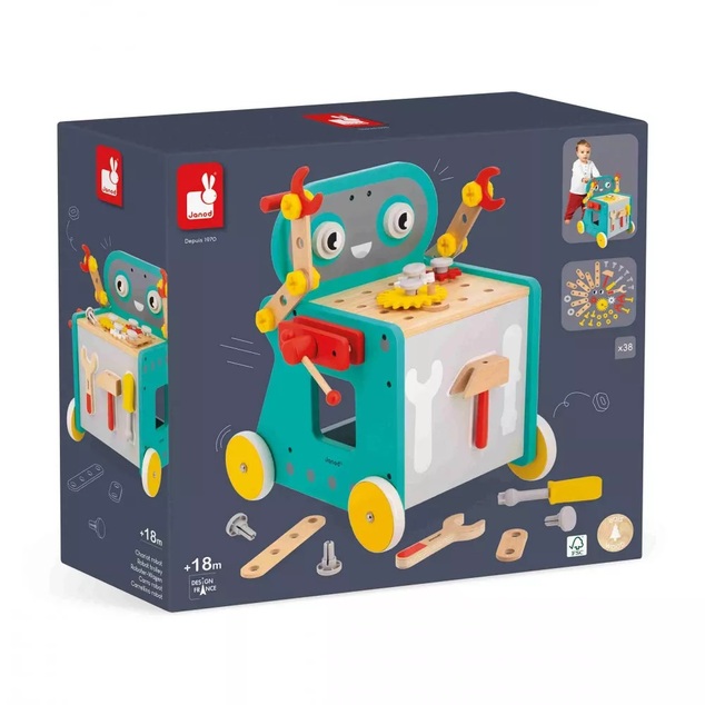 Janod BricoKids Drevené chodítko a vozík s náradím Robot 38 ks