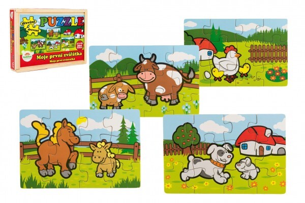 Puzzle drevené Moje prvé zvieratká 4x12 dielikov 20x14x3, 5cm v drevenej krabičke
