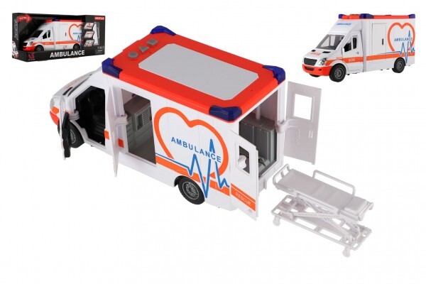 Auto ambulancia plast 28cm s lehátkom na zotrvačník so svetlom so zvukom