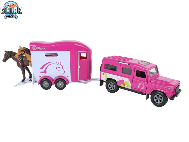 Kids Globe Traffic Land Rover ružový kov s prívesom pre kone 28cm spätný chod