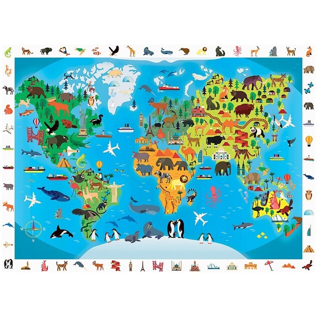 SENTOSPHERE Puzzle pentru copii Caută și găsește Harta mondială a animalelor 100 de piese