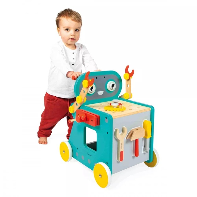 Janod BricoKids Drevené chodítko a vozík s náradím Robot 38 ks