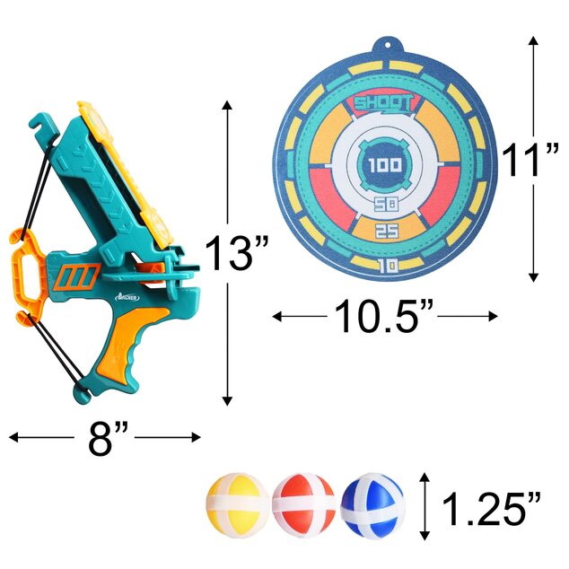 Luk 33cm vystreľujúce loptičky na suchý zips 6ks plast + terč 2 farby v krabici 27x35x7cm