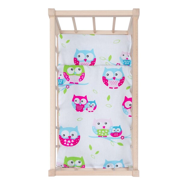 Pătuț-leagăn din lemn pentru păpuși cu lenjerie Baby Mix owl
