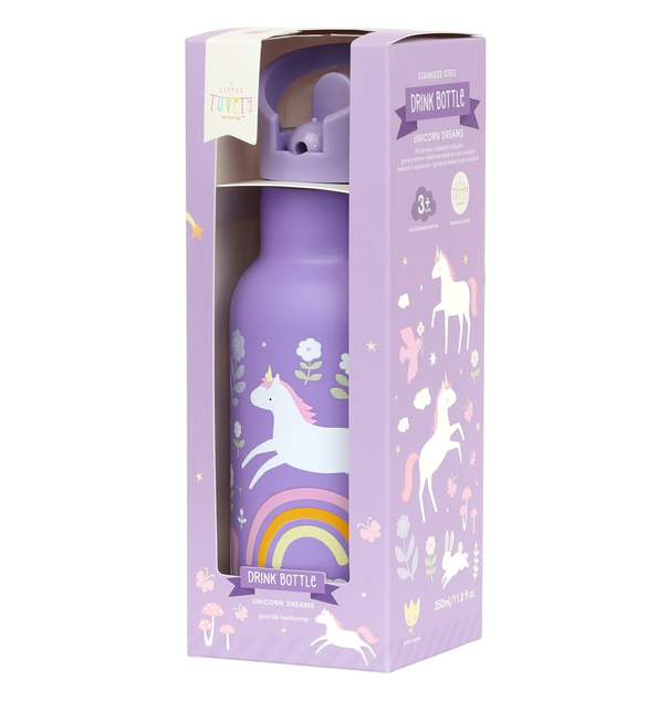 A Little Lovely Company - bottiglia d'acqua in acciaio inossidabile, 350 ml - unicorni e arcobaleno