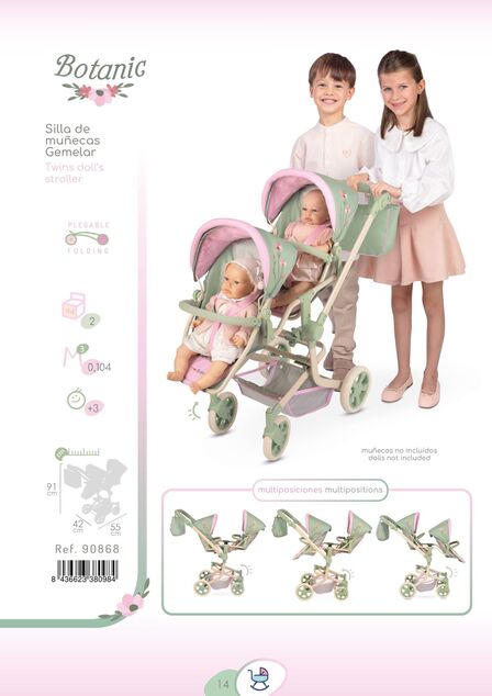 DeCuevas 90868 Passeggino pieghevole per bambole gemelle con borsa Botanic 2026 – 91 cm