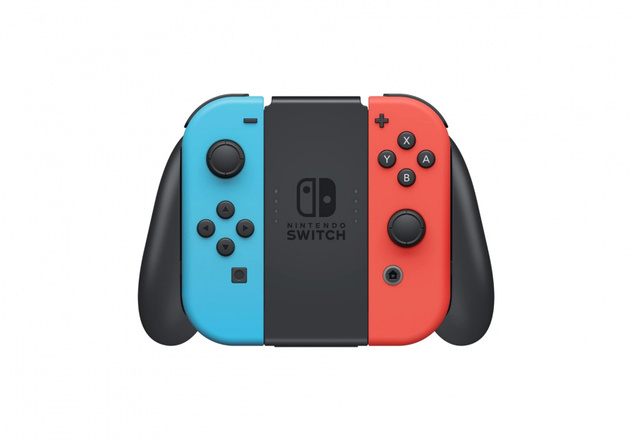 Nintendo Switch console with neon blue &amp; red Joy-Con