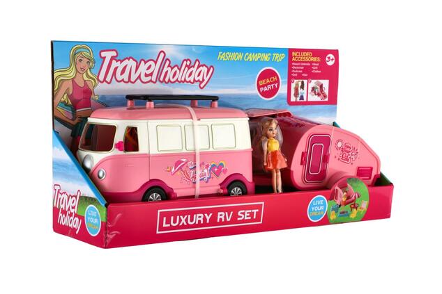 Caravan con rimorchio e bambola retrò con accessori