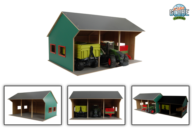Kids Globe Farming Holzgarage 55,5x75,5x43cm 1:16 für 3 Traktoren in Schachtel