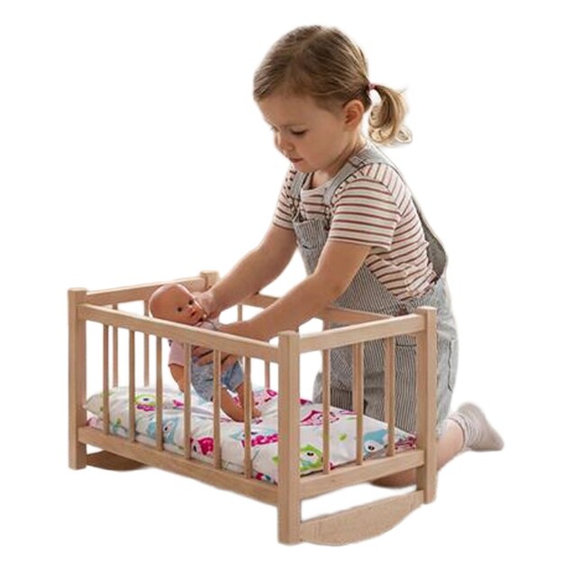 Pătuț-leagăn din lemn pentru păpuși cu lenjerie Baby Mix owl