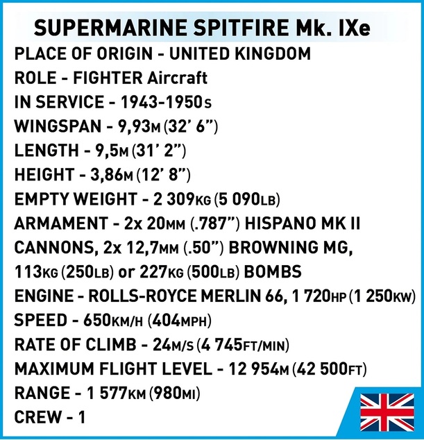 Cobi II WW Supermarine Spitfire Mk. IXe, 1:32, 352 k, 1 f