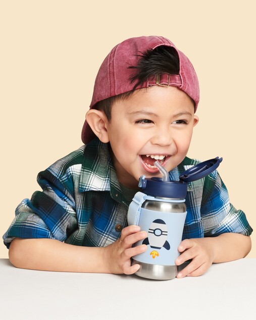SKIP HOP Spark Style Fľaša so slamkou na vodu nerez Raketa 12 m+