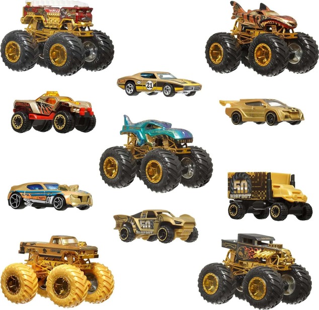 Mattel Hot Wheels Monster Trucks Bigfoot 50. výročie Set angličákov &amp; truckov