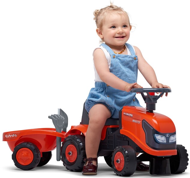 Falk 260C Baby Kubota ride-on traktor s prívesom, hrable &amp; lopata
