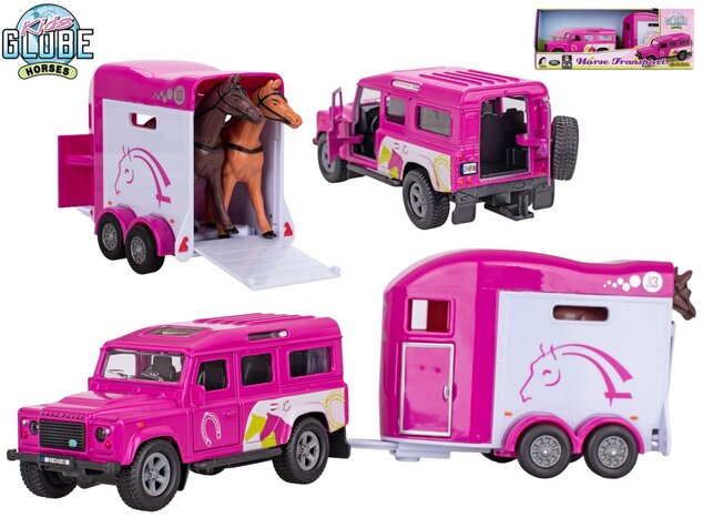 Kids Globe Traffic Land Rover ružový kov s prívesom pre kone 28cm spätný chod
