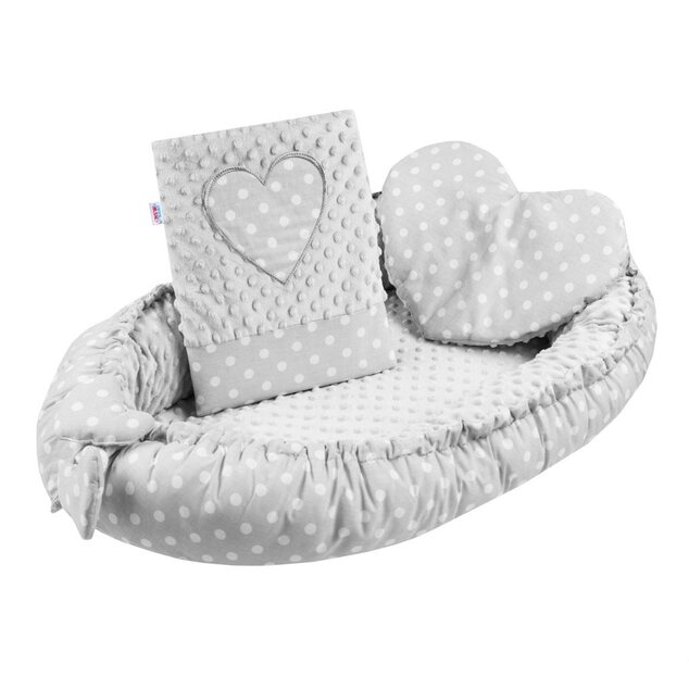 Luxusnest mit Kissen und Decke New Baby aus Minky Herz grau