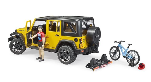 Bruder 02543 JEEP Wrangler Rubicon, horský bicykel a cyklista