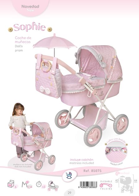 DeCuevas 85075 Faltbarer Puppenwagen mit Sonnenschirm und Tasche Sophie 2025 - 60 cm