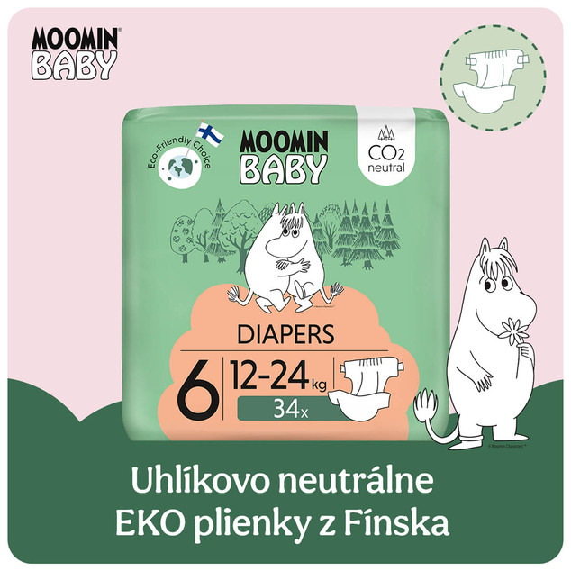 Moomin Baby 6 Maxi 12–24 kg (34 ks), eko plienky