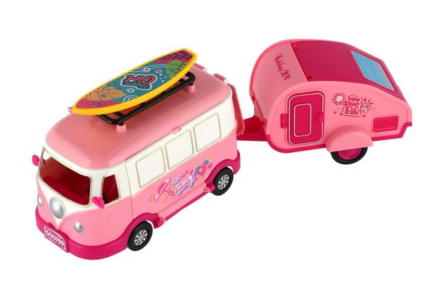 Caravan con rimorchio e bambola retrò con accessori