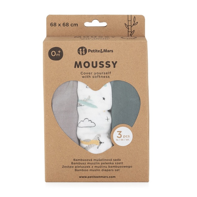 PETITE&amp;MARS Sada plienok bambusová mušelínová 3ks Moussy Grey Planes, 68 x 68 cm