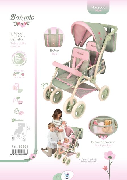 DeCuevas 90368 Passeggino pieghevole per bambole gemelle con borsa Botanic 2026 – 72 cm