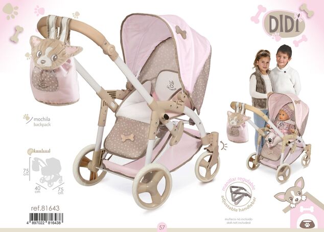 DeCuevas 81643 Klappkinderwagen für Puppen 3 in 1 mit tragbarer Tasche DIDI 2021 - 75 cm