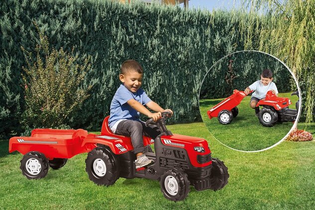 Dolu šliapací traktor Ranchero s vlečkou, červený