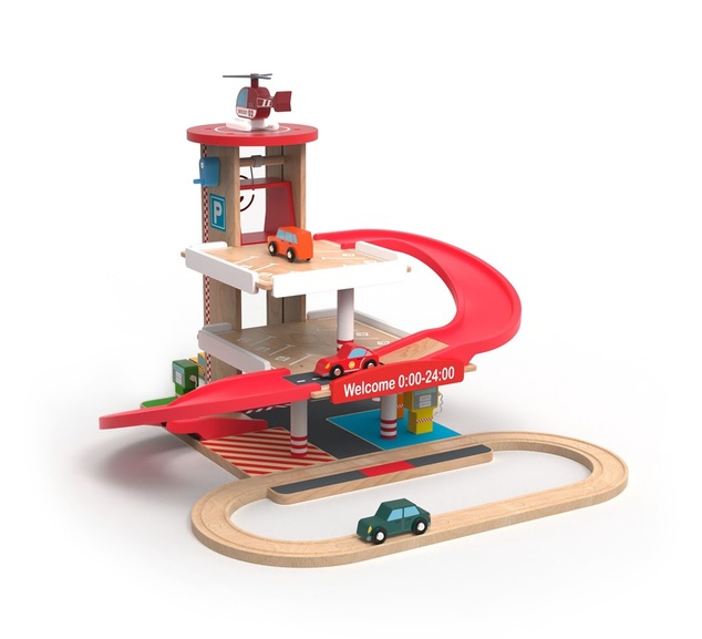 2Kids Toys Drevená garáž s vláčikodráhou
