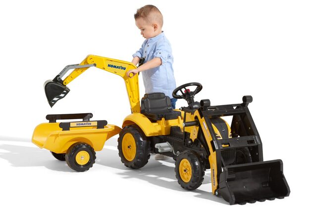 Falk Šliapací traktor 2076N Komatsu s nakladačom, rypadlom a vlečkou - žltý