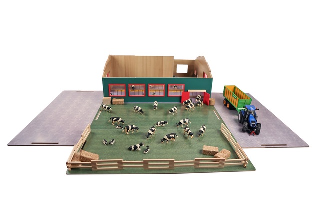 Kids Globe Farming Kuhstall mit Lager und Weide aus Holz 1:32 in Schachtel