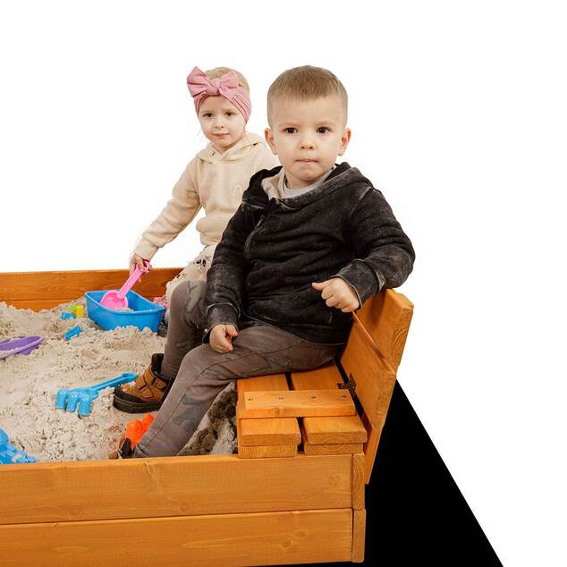 Detské drevené uzatvárateľné pieskovisko s lavičkami a strieškou Baby Mix 120x120 cm sivé
