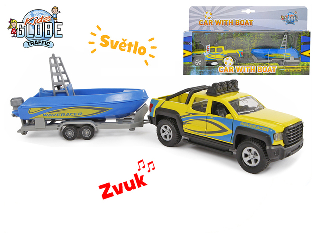 Kids Globe Traffic ťahač s loďou kov 27cm spätný chod na batérie so svetlom a zvukom