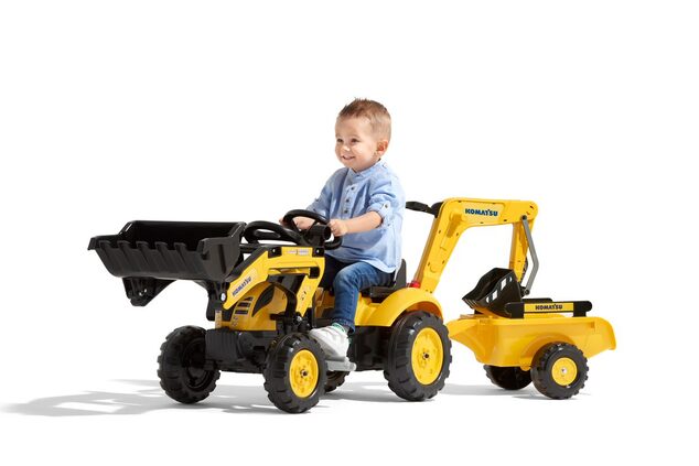 Falk Šliapací traktor 2076N Komatsu s nakladačom, rypadlom a vlečkou - žltý