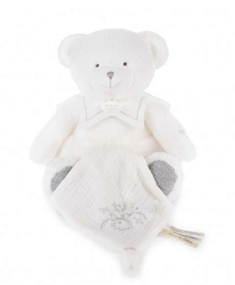 Doudou Darčeková sada Plyšový medvedík s dečkou 30 cm sivý