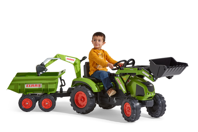 Falk Šliapací traktor 1010W Claas Axos s nakladačom, rýpadlom a vlečkou