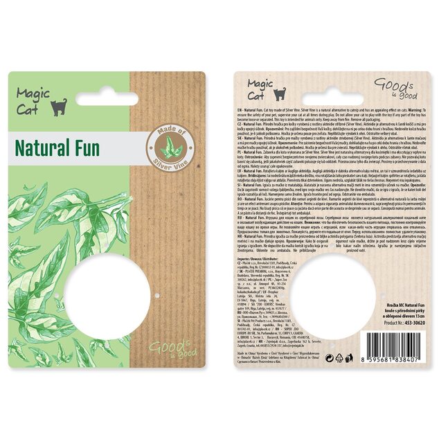 Hračka Magic Cat Natural Fun guľa s prírodnými pierkami a oblepené drevom 13cm