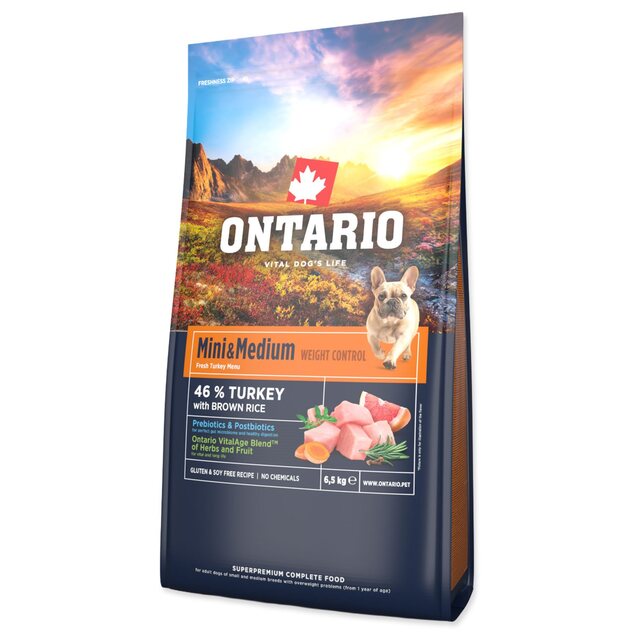Krmivo Ontario Mini &amp; Medium Weight Control Turkey &amp; Brown Rice 6,5kg