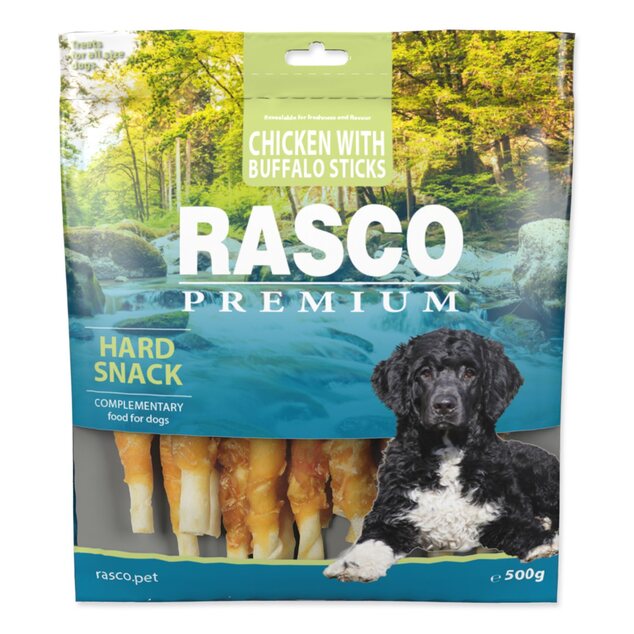 Pochúťka Rasco Premium byvolia koža obalená kuracím mäsom, tyčinky 500g