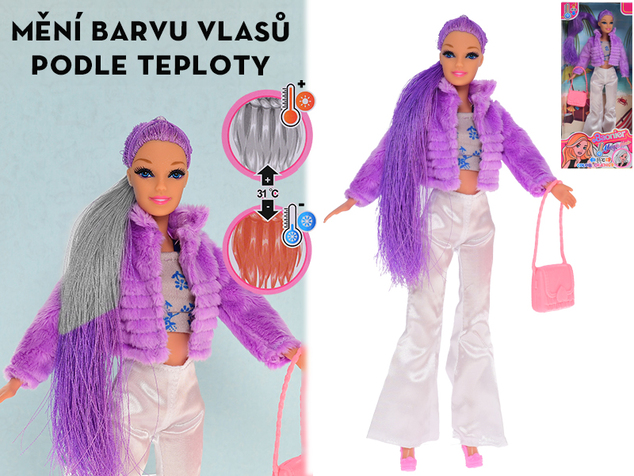 Bábika módna 29cm s vlasmi meniacimi farbu a doplnkami