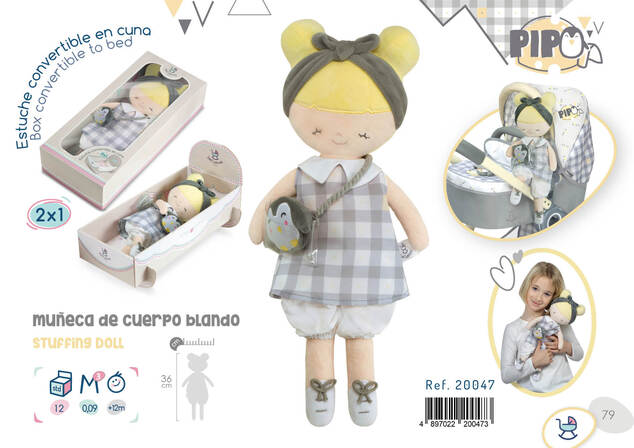 DeCuevas 20047 Bambola di peluche PIPO - 36 cm con culla