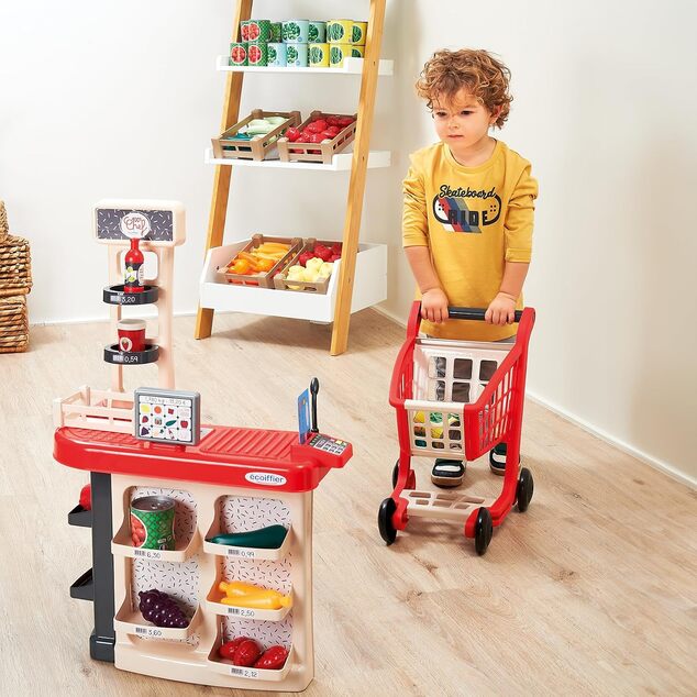 Ecoiffier Banco con alimenti + Carrello della spesa