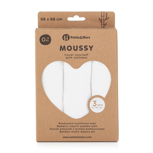PETITE&amp;MARS Sada plienok bambusová mušelínová 3ks Moussy Total White, 68 x 68 cm