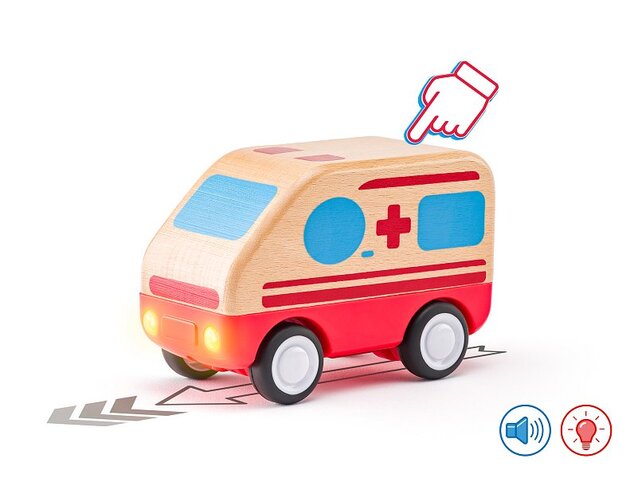 Woody Auto Krankenwagen mit Geräuschen und Licht, Schwungrad