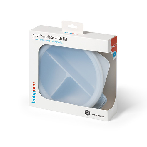 BABYONO Silikonteller mit Saugnapf und Deckel blau 6m+